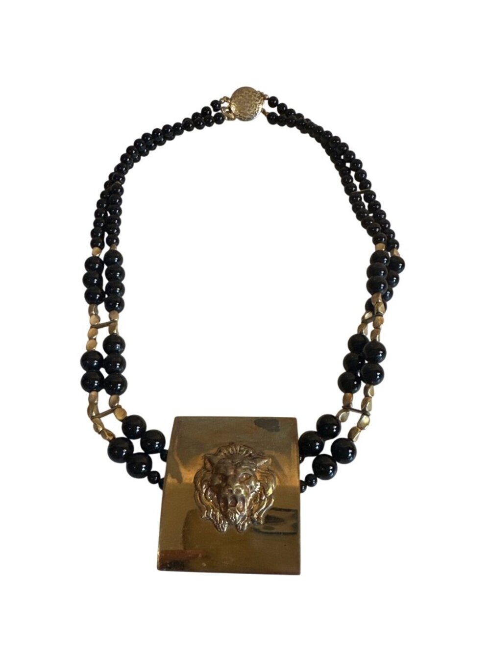 Gold & Black Beaded Necklace Lion Pendant Double-Strand Design Statement Jewelry